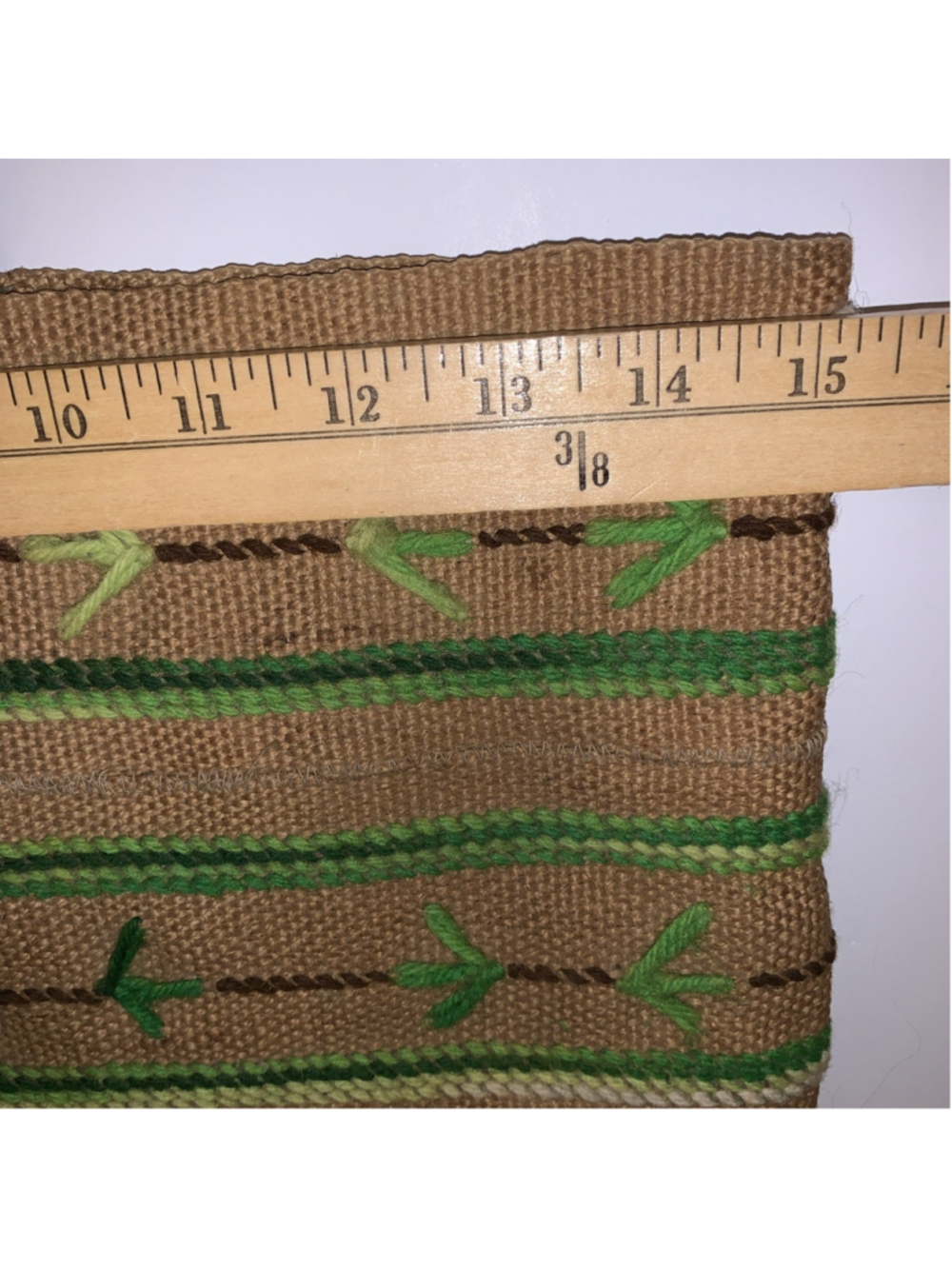 Vtg Boho Burlap Tote Elbow Bag Purse Yarn Hand-Embroidered 1960 70's Green Retro - Picture 4 of 14